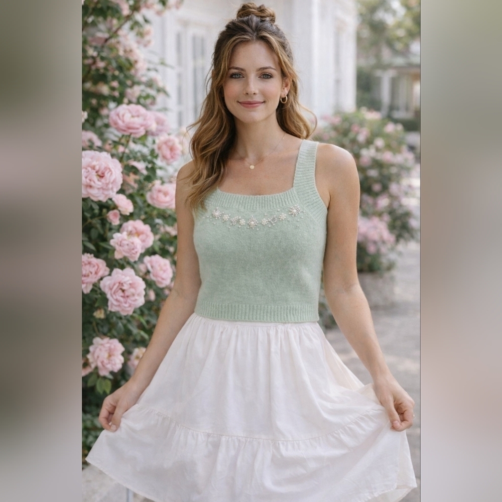 Zara Mint Green Knit Tank Faux Pearl Detail Soft Feminine Top Size XL